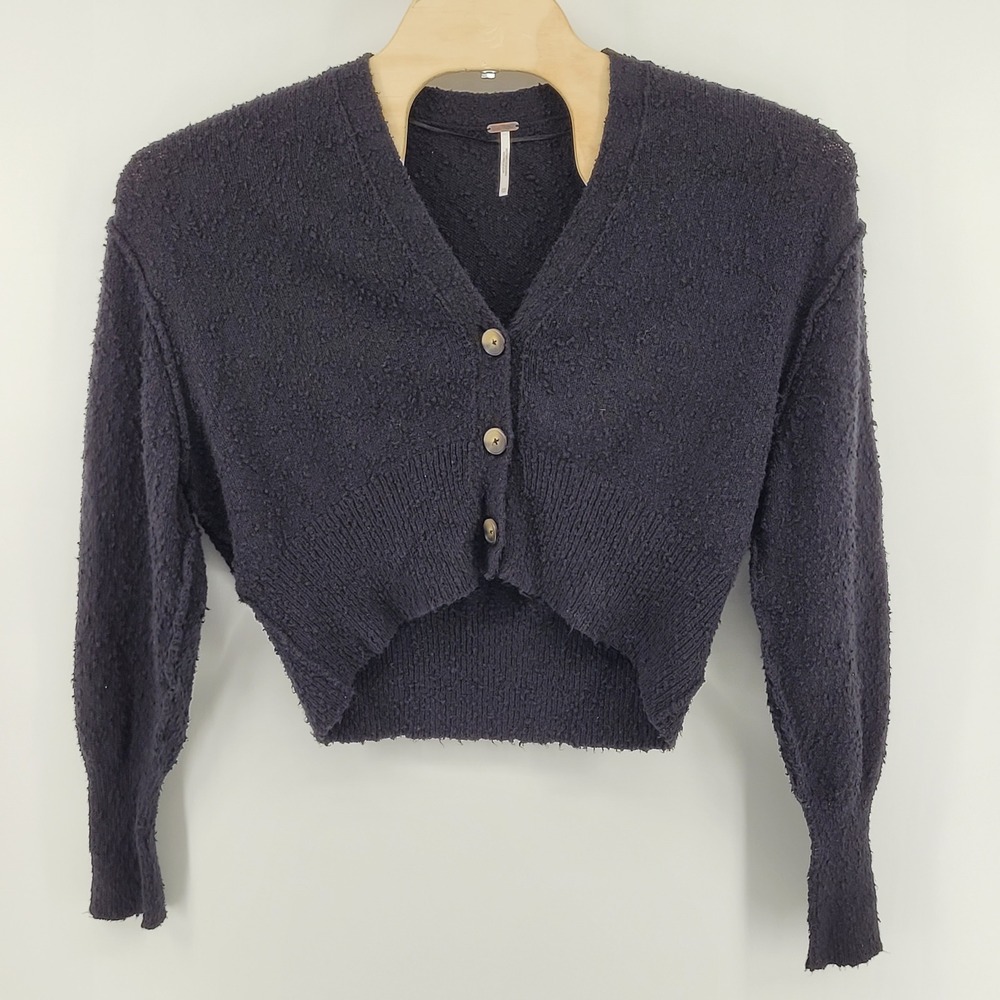 Free People Found My Friend Cardigan Sweater Womens XS Black Cropped V-Neck Knit